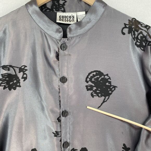 CHICO'S DESIGN Tunic 3 XL/16 Floral Jacquard Jacket Mandarin Button Front Gray - Picture 12 of 16
